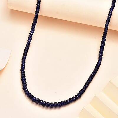 Blue Sapphire Beaded 94.00 ctw Necklace in Rhodium Over Sterling Silver 18-20 Inches