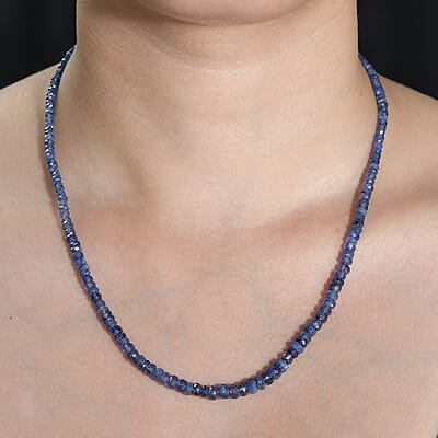 Blue Sapphire Beaded 70.00 ctw Necklace 18 Inches in Rhodium Over Sterling Silver