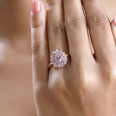 D'Joy Narsipatnam Pink Spinel, Pink Sapphire, Diamond 1.05 ctw Sunrays Ring in 18K Vermeil Rose Gold Over Sterling Silver (Size 10.0) 