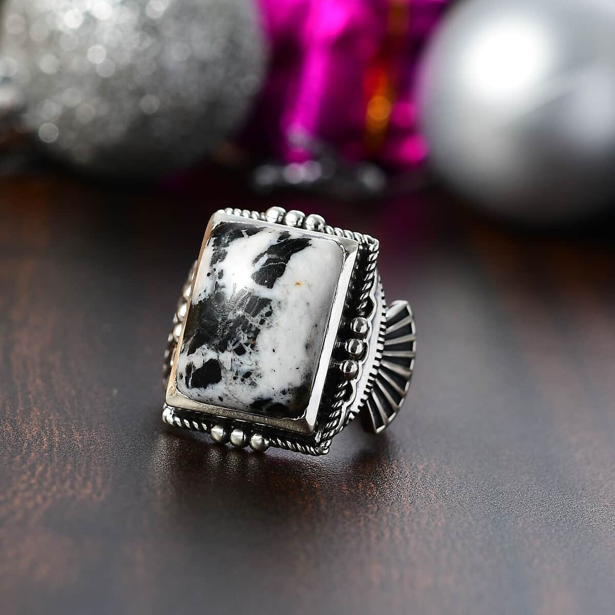 Artisan Crafted White Buffalo 13.10 ctw Ring in Black Oxidized Sterling Silver (Size 10.0) image number 1