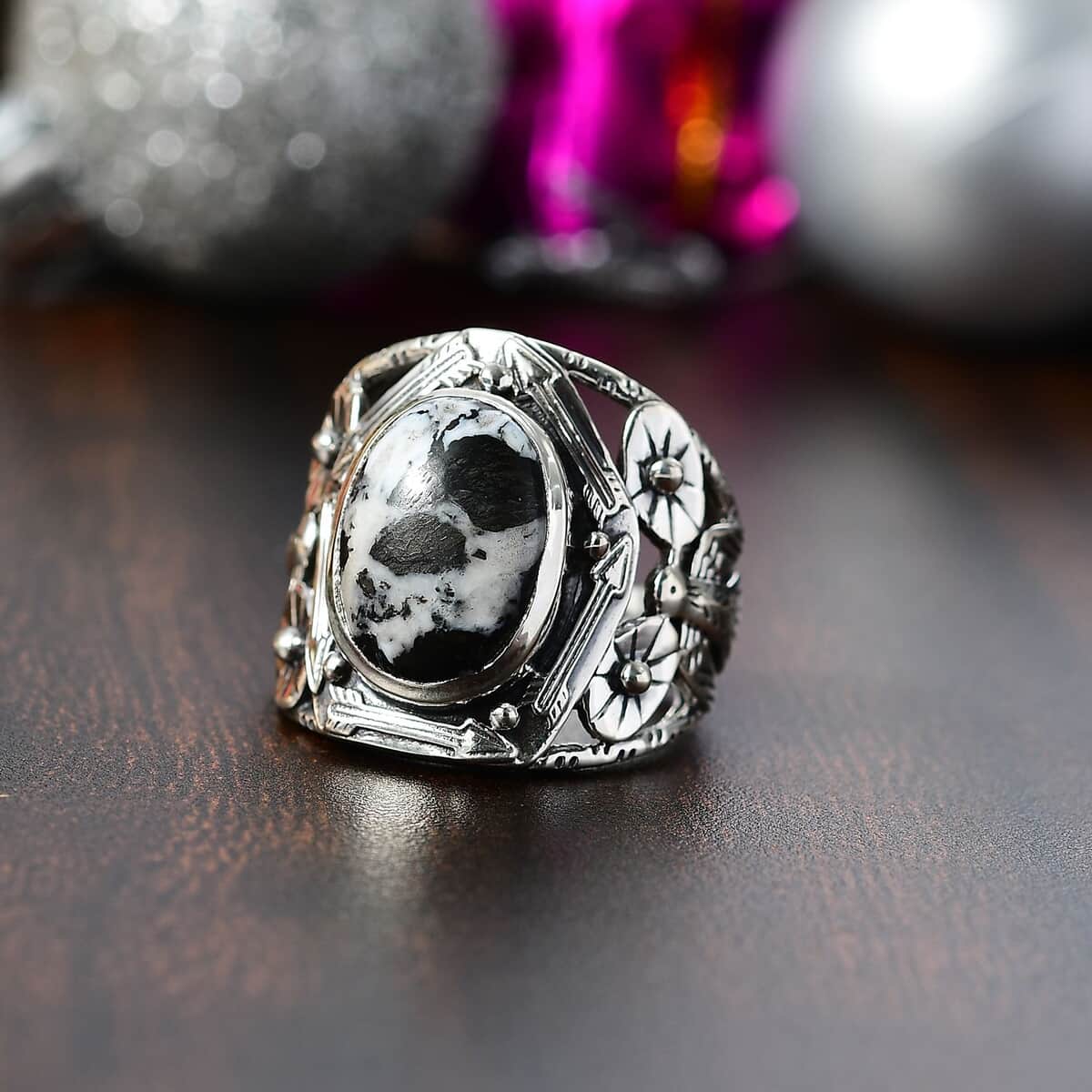 Artisan Crafted White Buffalo 6.00 ctw Gothic Floral Ring in Black Oxidized Sterling Silver (Size 10.0) image number 1