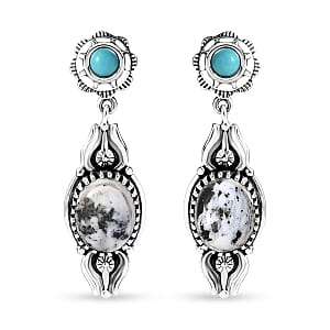 D'Joy Artisan Crafted White Buffalo and Sleeping Beauty Turquoise 6.40 ctw Earrings in Black Oxidized Sterling Silver