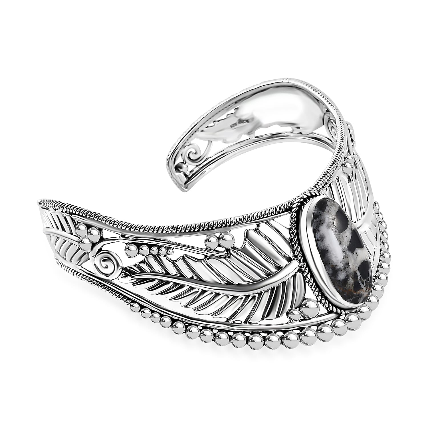 D'Joy Artisan Crafted White Buffalo 12.40 ctw Feather Cuff Bracelet in Black Oxidized Sterling Silver (7.25 In)