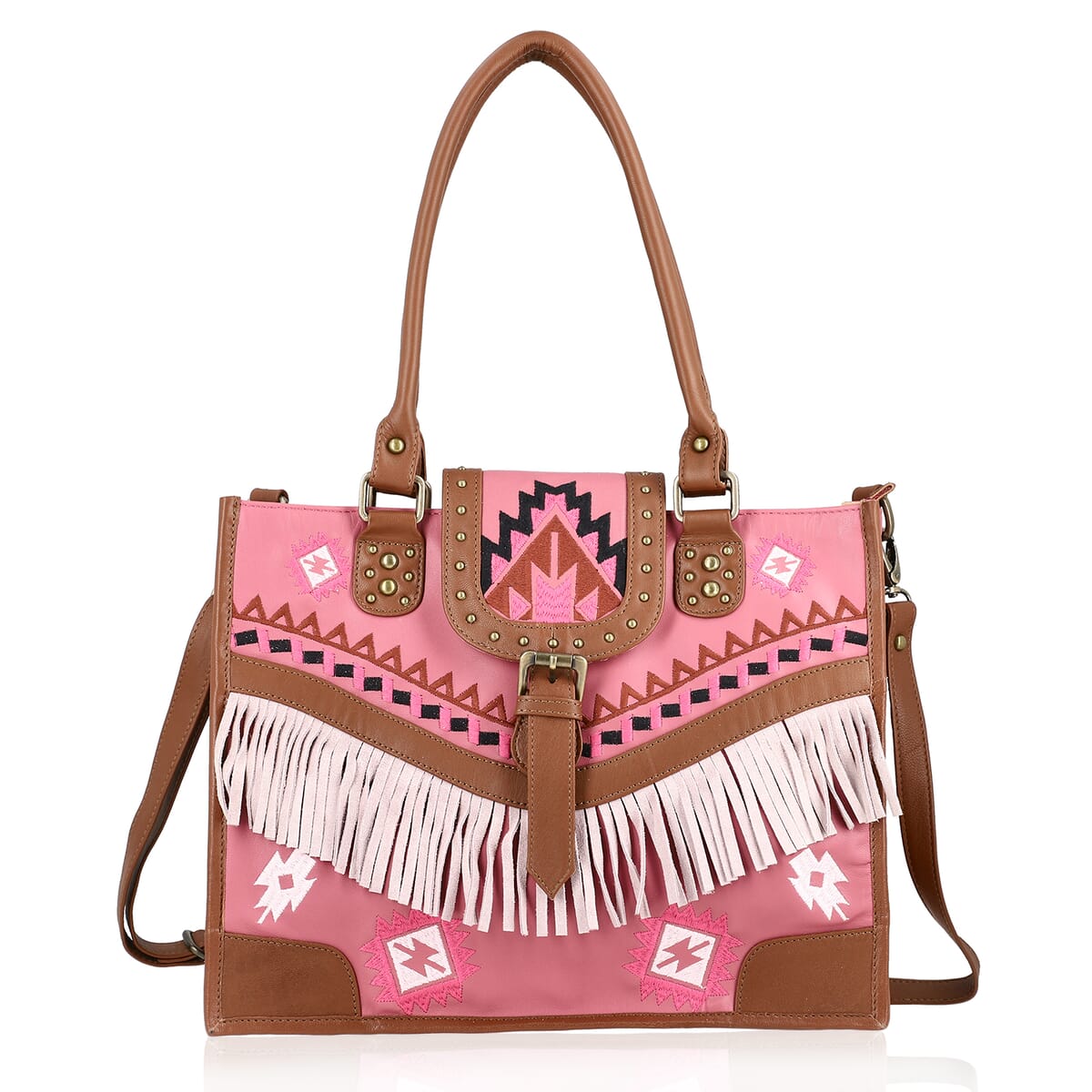 Genuine Leather Handbag with 2 top handle and 1 adjustable Shoulder strap  Size-11x 9.7 5x7 inches Color- Pink image number 0