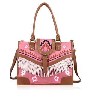Santa Fe Collection Pink Geometric Pattern Genuine Leather Handbag with Fringes and Adjustable Shoulder Strap