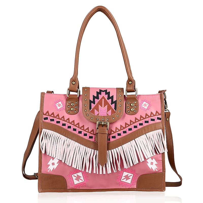 Santa Fe Collection Pink Geometric Pattern Genuine Leather Handbag with Fringes and Adjustable Shoulder Strap