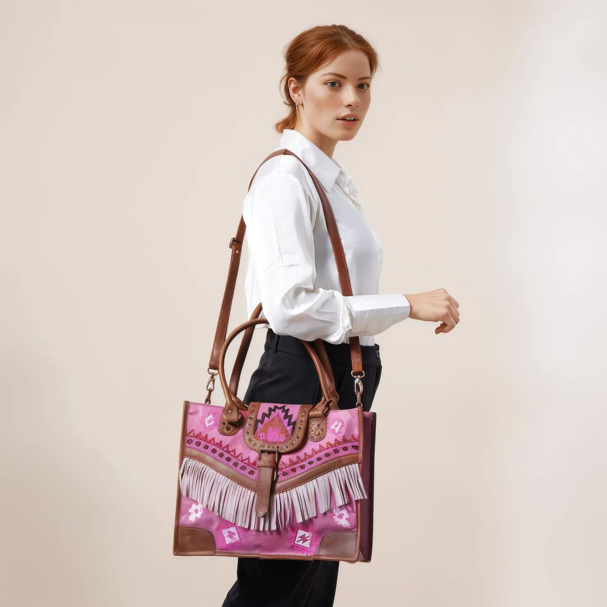 Genuine Leather Handbag with 2 top handle and 1 adjustable Shoulder strap  Size-11x 9.7 5x7 inches Color- Pink image number 1