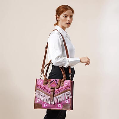 Santa Fe Collection Pink Geometric Pattern Genuine Leather Handbag with Fringes and Adjustable Shoulder Strap