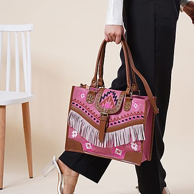 Santa Fe Collection Pink Geometric Pattern Genuine Leather Handbag with Fringes and Adjustable Shoulder Strap
