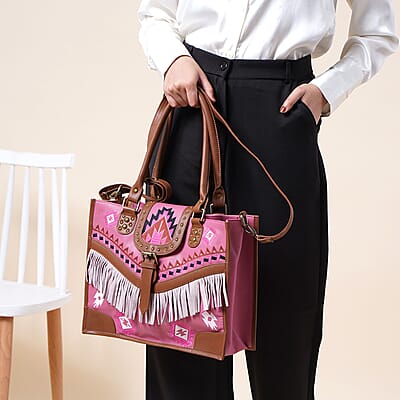 Santa Fe Collection Pink Geometric Pattern Genuine Leather Handbag with Fringes and Adjustable Shoulder Strap