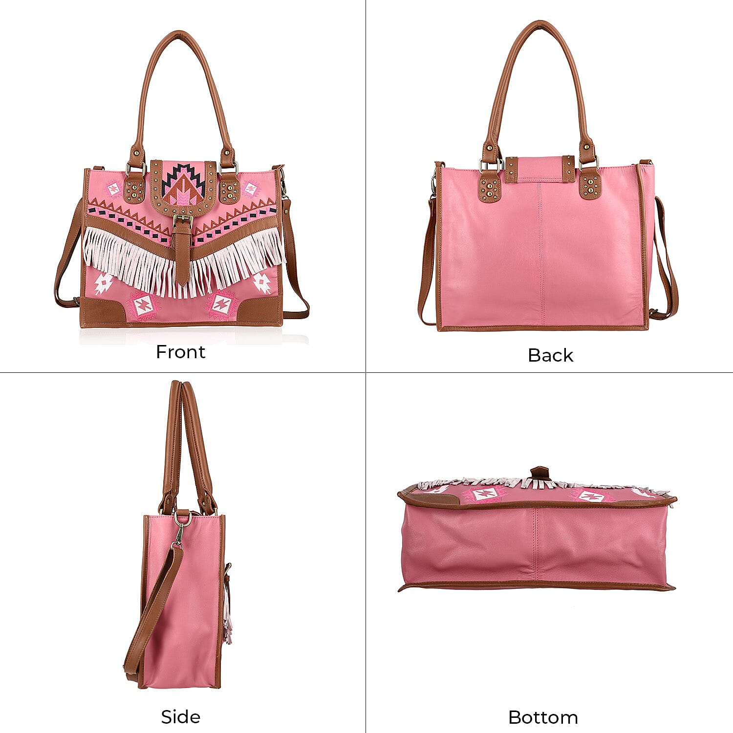 Santa Fe Collection Pink Geometric Pattern Genuine Leather Handbag with Fringes and Adjustable Shoulder Strap