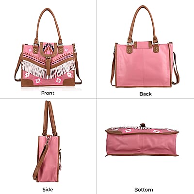 Santa Fe Collection Pink Geometric Pattern Genuine Leather Handbag with Fringes and Adjustable Shoulder Strap