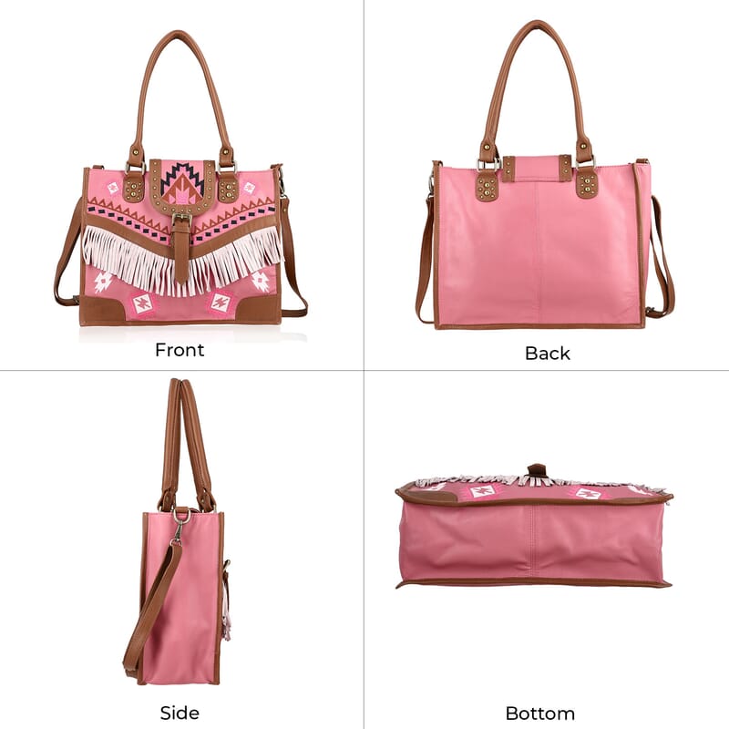 Santa Fe Collection Pink Geometric Pattern Genuine Leather Handbag with Fringes and Adjustable Shoulder Strap