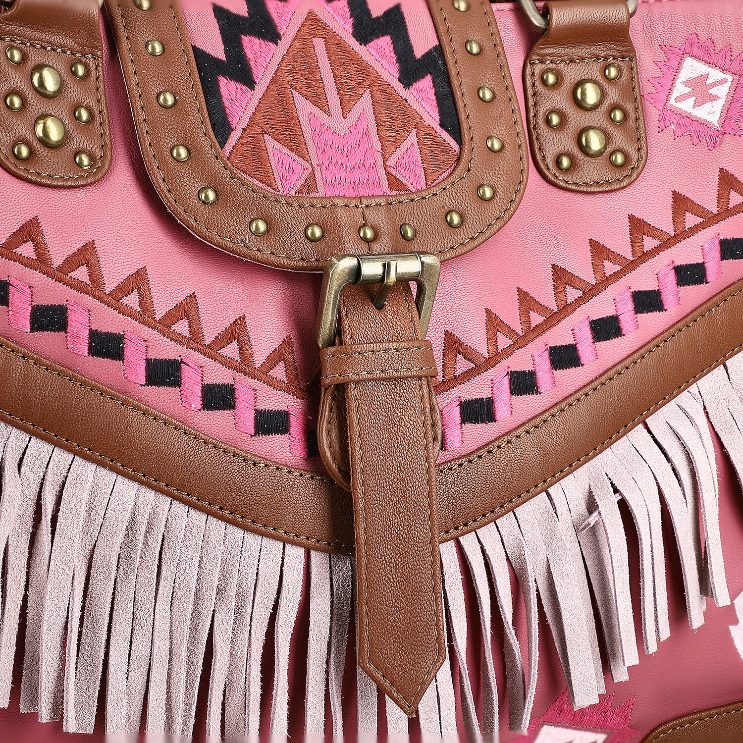 Santa Fe Collection Pink Geometric Pattern Genuine Leather Handbag with Fringes and Adjustable Shoulder Strap