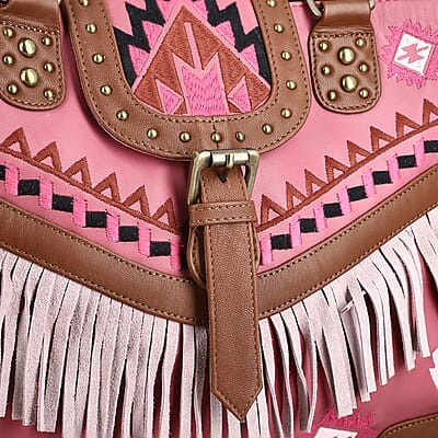Santa Fe Collection Pink Geometric Pattern Genuine Leather Handbag with Fringes and Adjustable Shoulder Strap