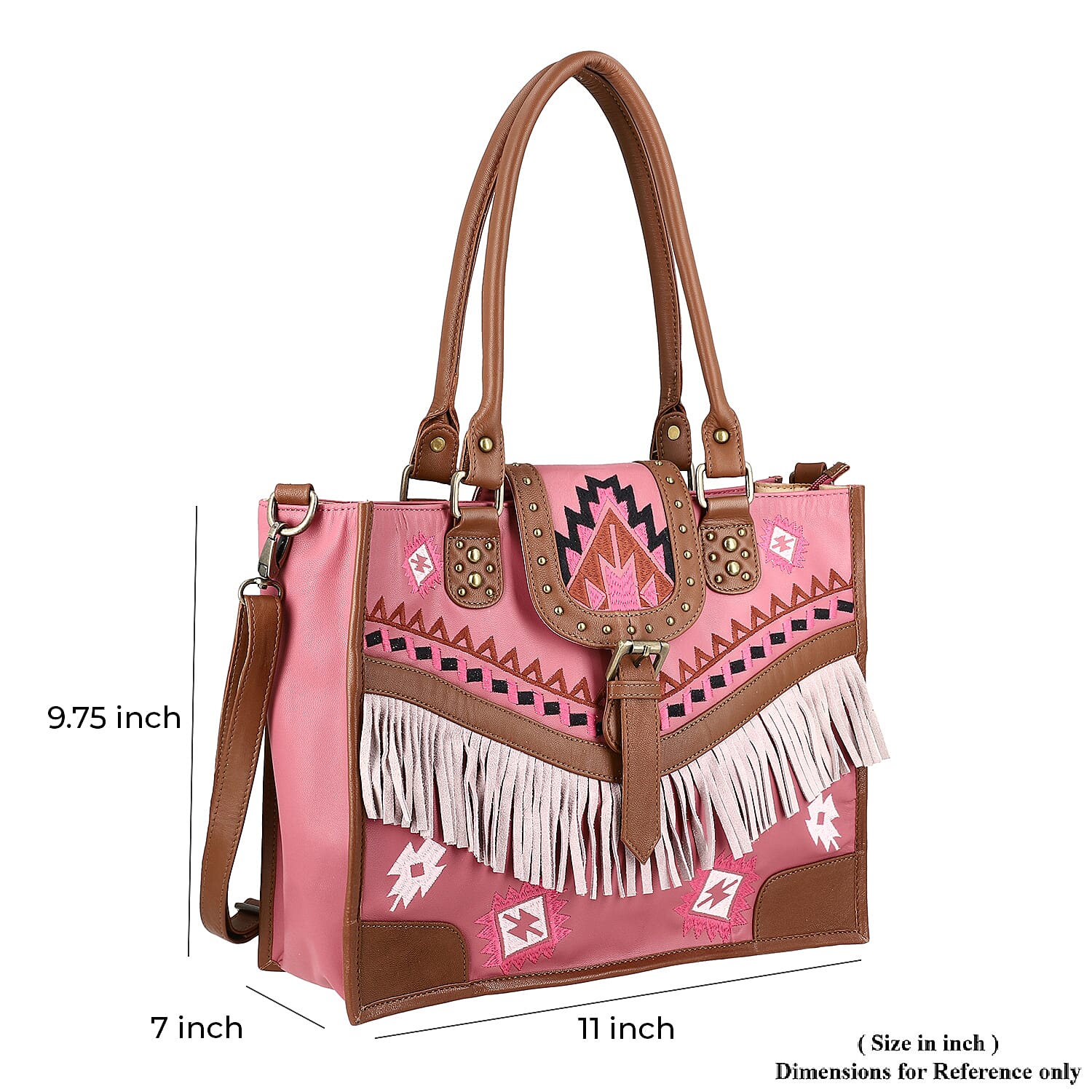 Santa Fe Collection Pink Geometric Pattern Genuine Leather Handbag with Fringes and Adjustable Shoulder Strap