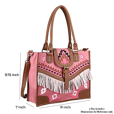 Santa Fe Collection Pink Geometric Pattern Genuine Leather Handbag with Fringes and Adjustable Shoulder Strap