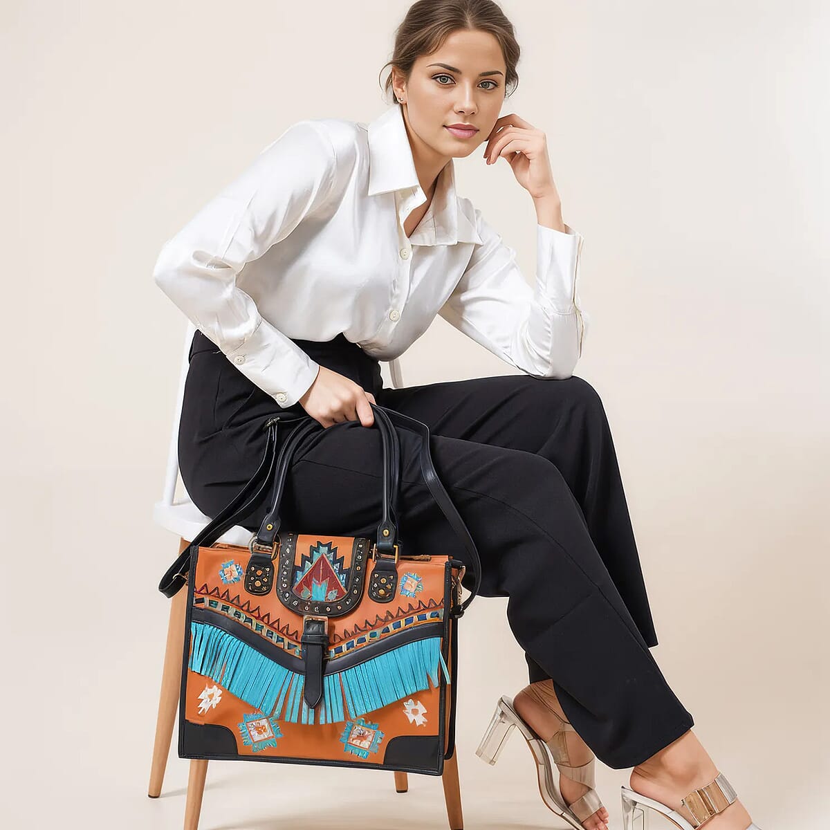 Santa Fe Collection Orange Geometric Pattern Genuine Leather Handbag with Fringes and Adjustable Shoulder Strap image number 1