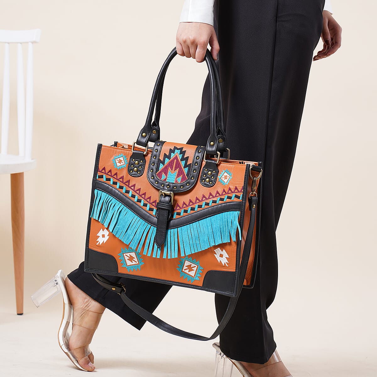 Santa Fe Collection Orange Geometric Pattern Genuine Leather Handbag with Fringes and Adjustable Shoulder Strap image number 2