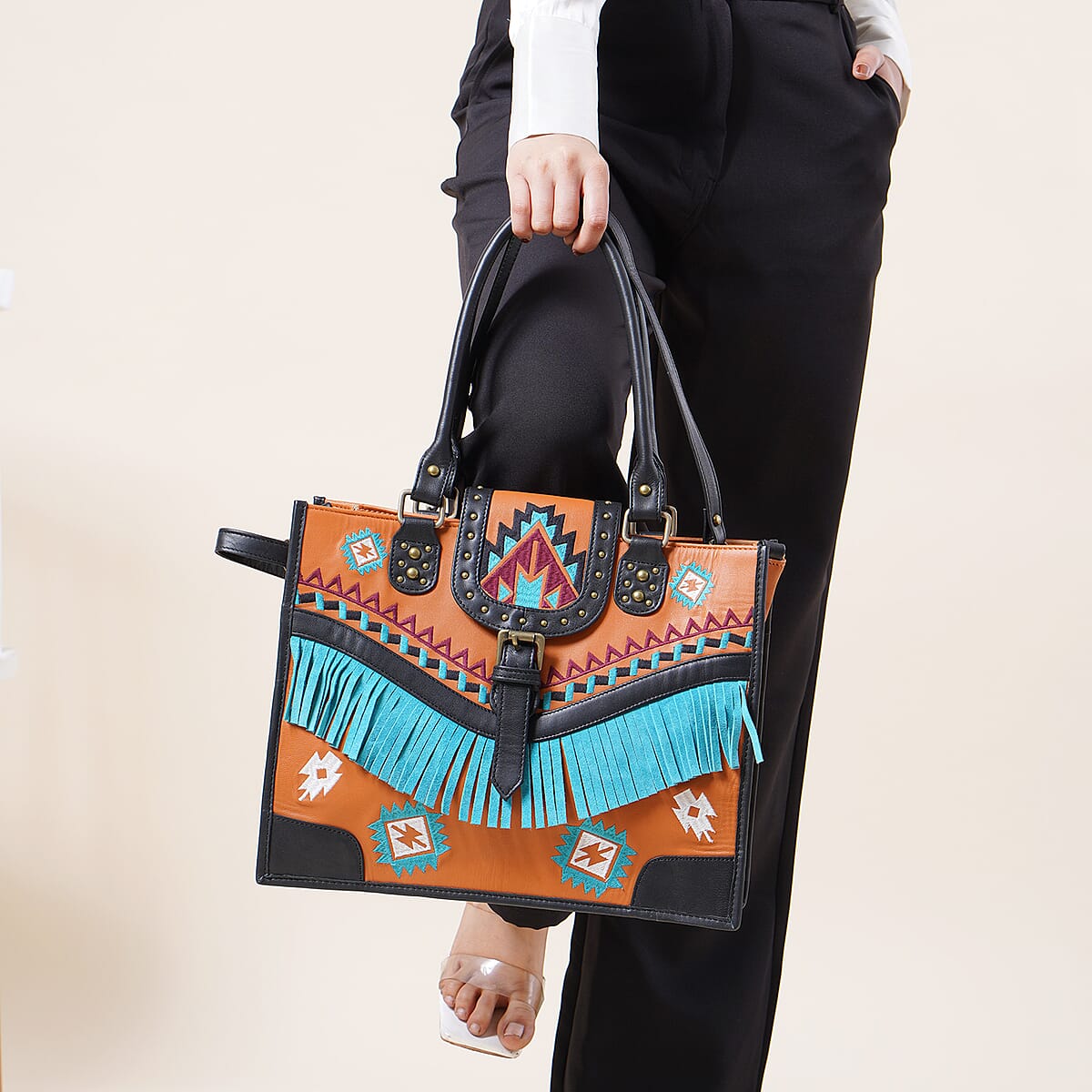 Santa Fe Collection Orange Geometric Pattern Genuine Leather Handbag with Fringes and Adjustable Shoulder Strap image number 3