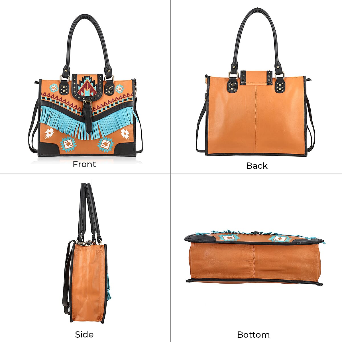 Santa Fe Collection Orange Geometric Pattern Genuine Leather Handbag with Fringes and Adjustable Shoulder Strap image number 4