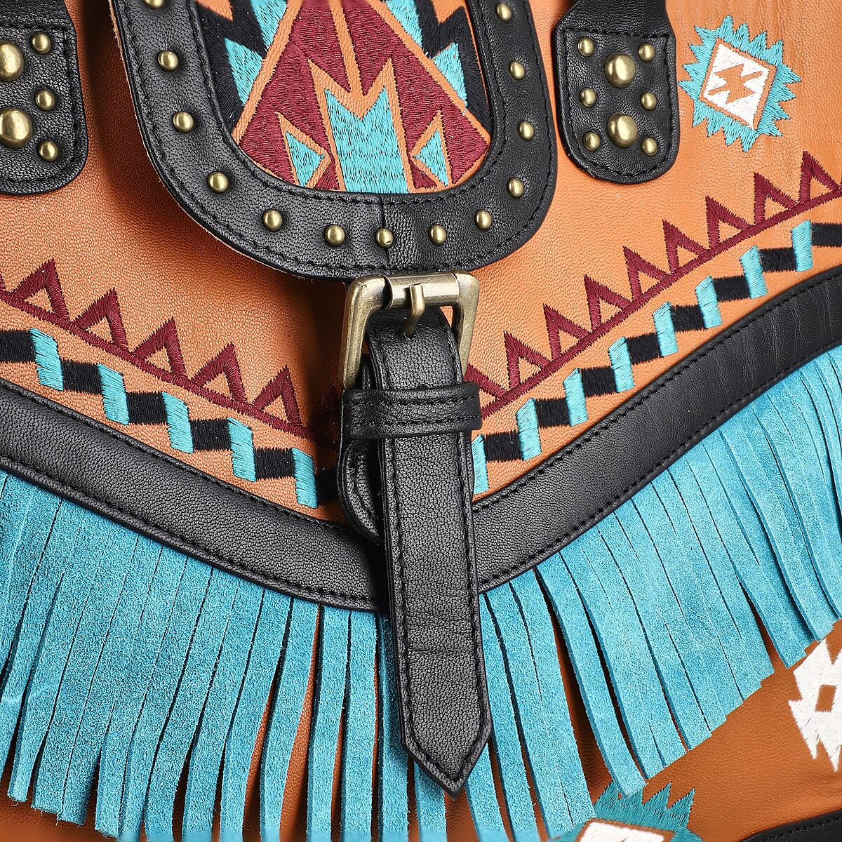 Santa Fe Collection Orange Geometric Pattern Genuine Leather Handbag with Fringes and Adjustable Shoulder Strap image number 5