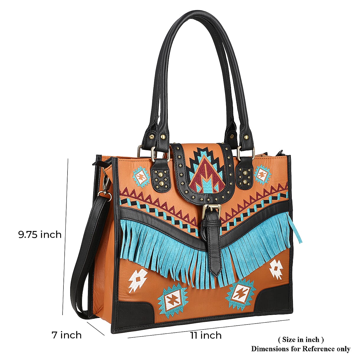 Santa Fe Collection Orange Geometric Pattern Genuine Leather Handbag with Fringes and Adjustable Shoulder Strap image number 7