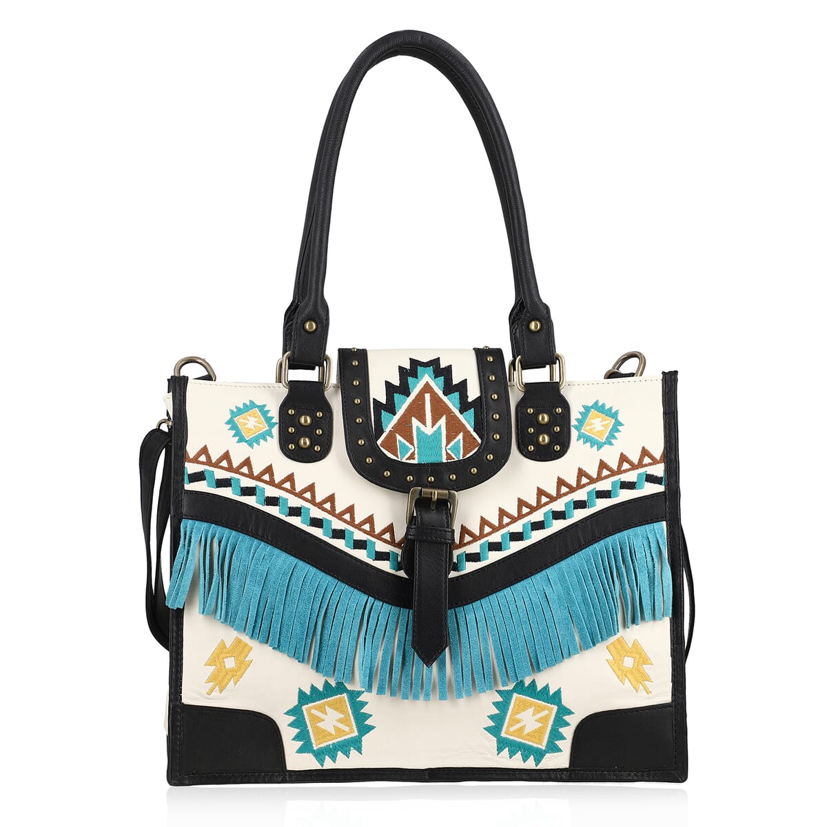 Santa Fe Collection White Geometric Pattern Genuine Leather Handbag with Fringes and Adjustable Shoulder Strap image number 0