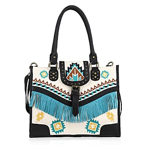 Santa Fe Collection White Geometric Pattern Genuine Leather Handbag with Fringes and Adjustable Shoulder Strap