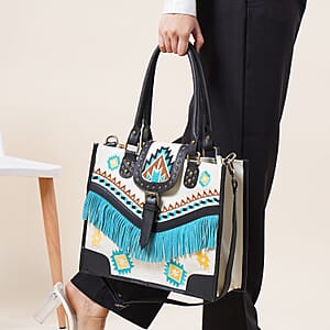 Santa Fe Collection White Geometric Pattern Genuine Leather Handbag with Fringes and Adjustable Shoulder Strap