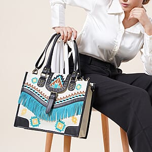 Santa Fe Collection White Geometric Pattern Genuine Leather Handbag with Fringes and Adjustable Shoulder Strap