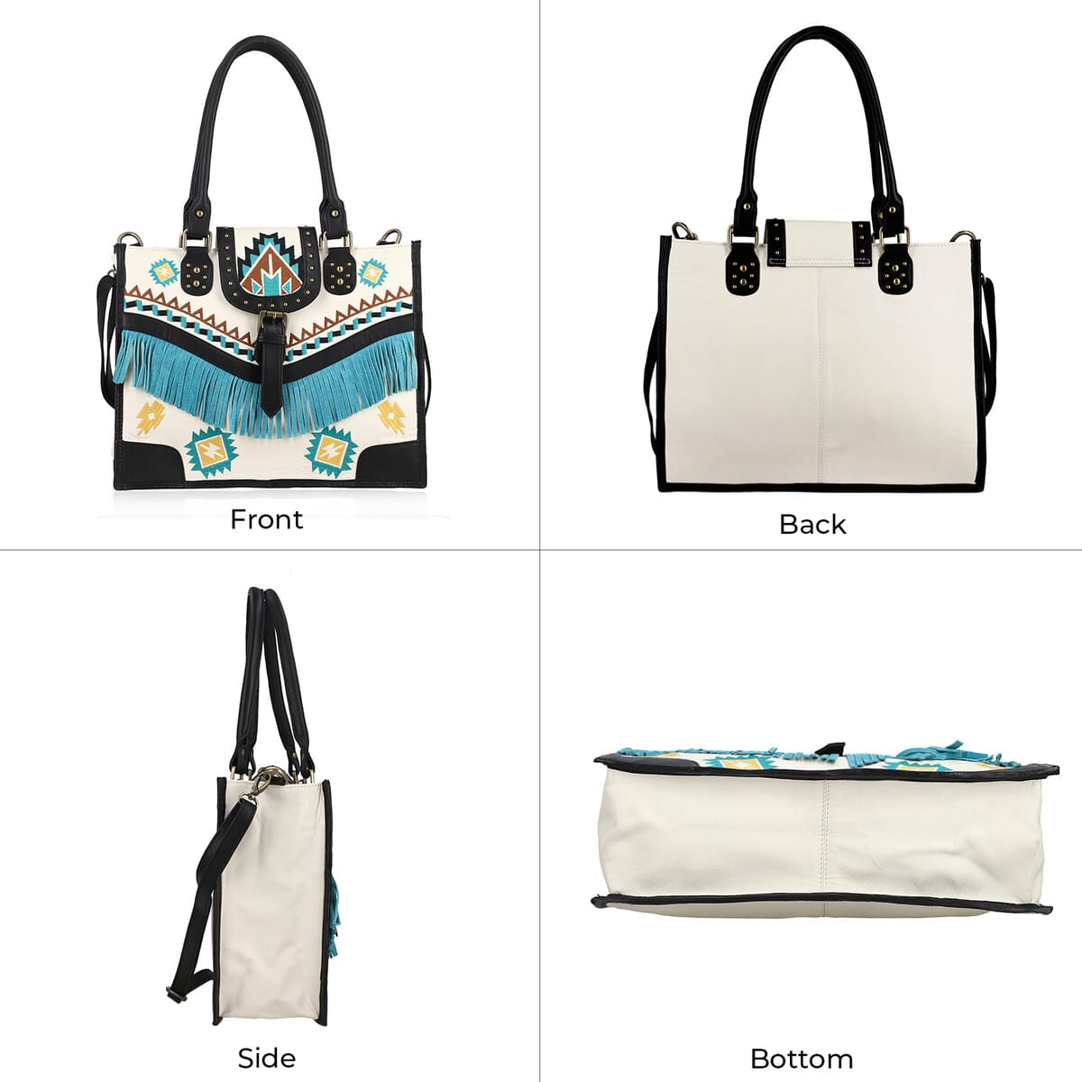 Santa Fe Collection White Geometric Pattern Genuine Leather Handbag with Fringes and Adjustable Shoulder Strap image number 4