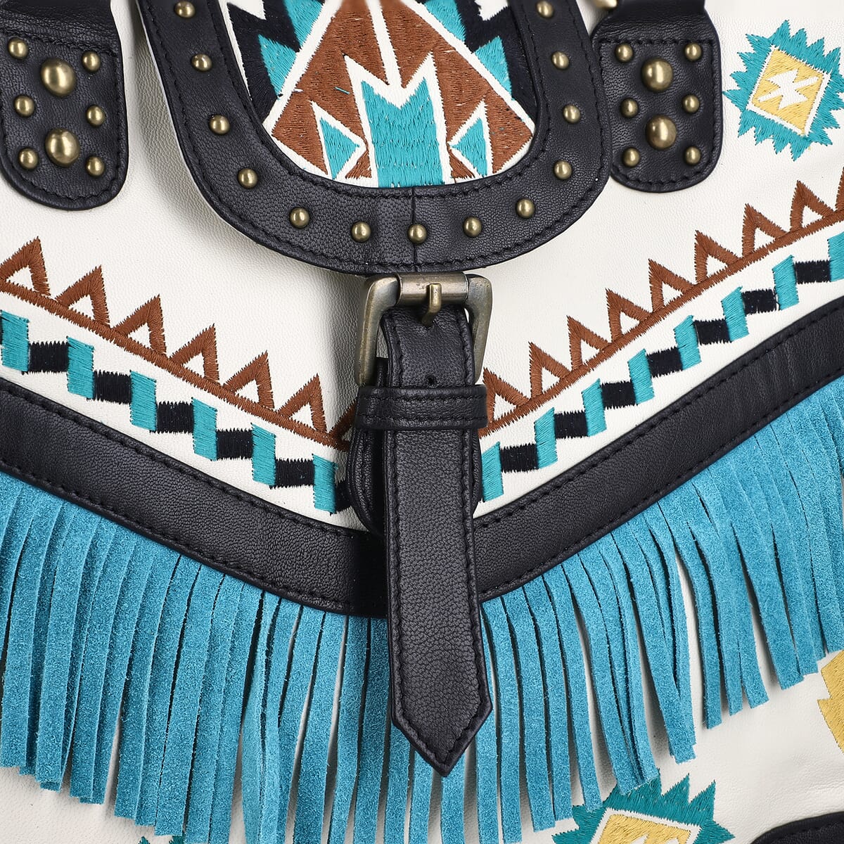 Santa Fe Collection White Geometric Pattern Genuine Leather Handbag with Fringes and Adjustable Shoulder Strap image number 5