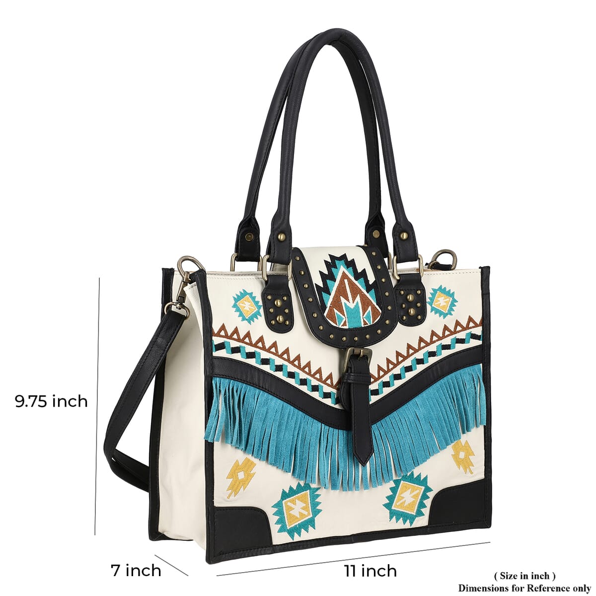 Santa Fe Collection White Geometric Pattern Genuine Leather Handbag with Fringes and Adjustable Shoulder Strap image number 7
