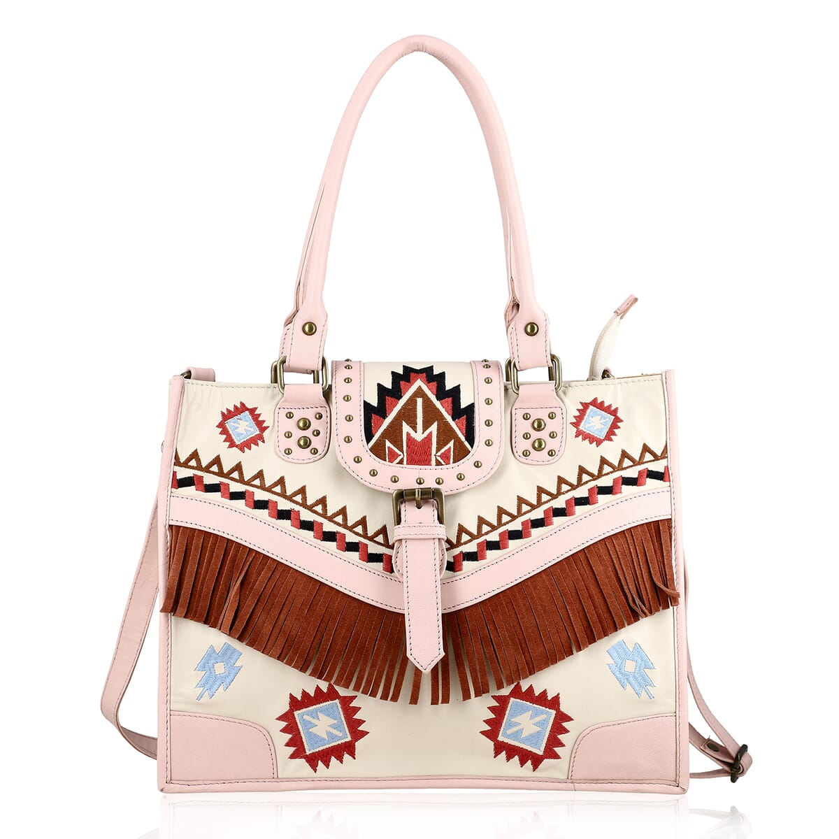 Santa Fe Collection Cream Geometric Pattern Genuine Leather Handbag with Fringes and Adjustable Shoulder Strap image number 0