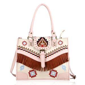 Santa Fe Collection Cream Geometric Pattern Genuine Leather Handbag with Fringes and Adjustable Shoulder Strap