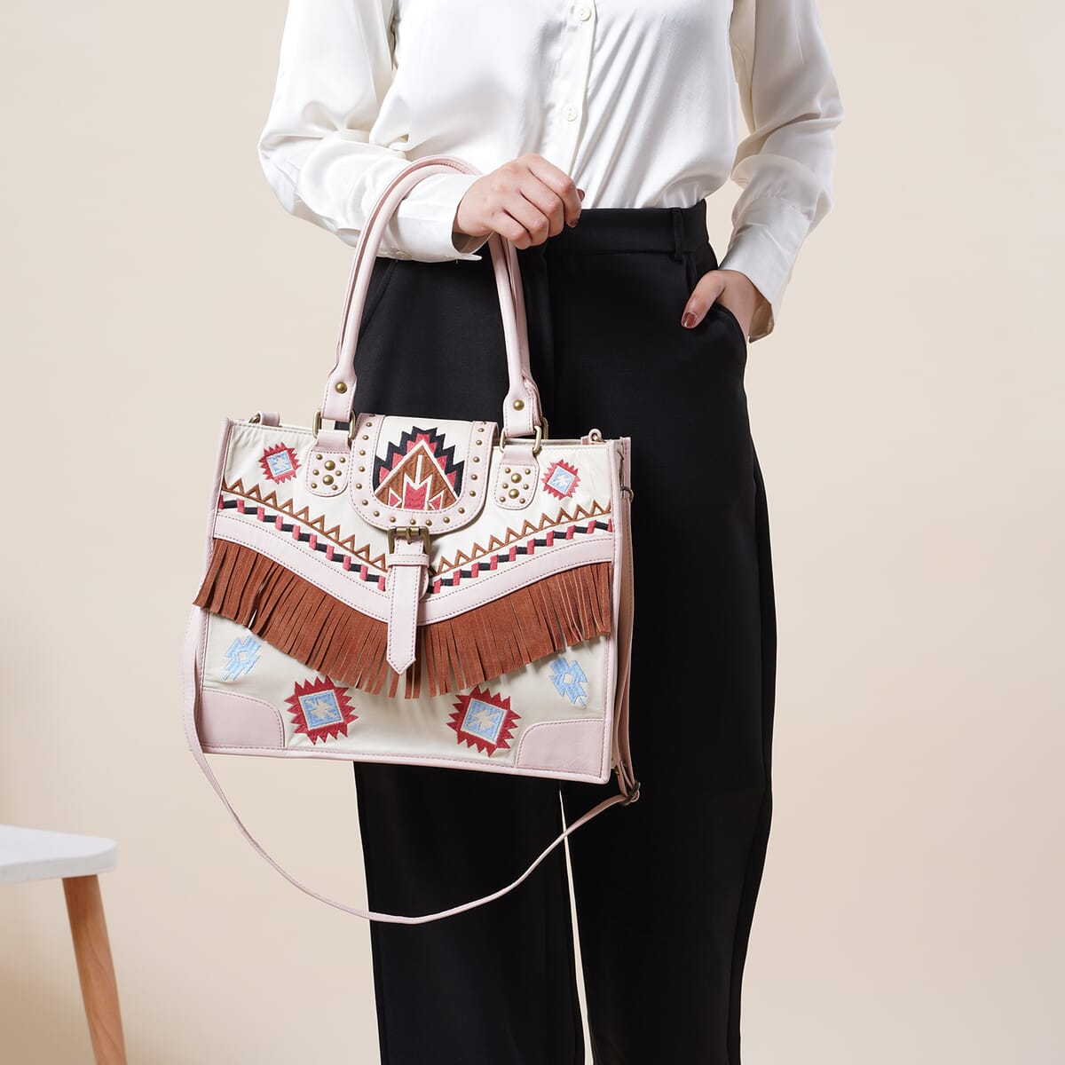 Santa Fe Collection Cream Geometric Pattern Genuine Leather Handbag with Fringes and Adjustable Shoulder Strap image number 1