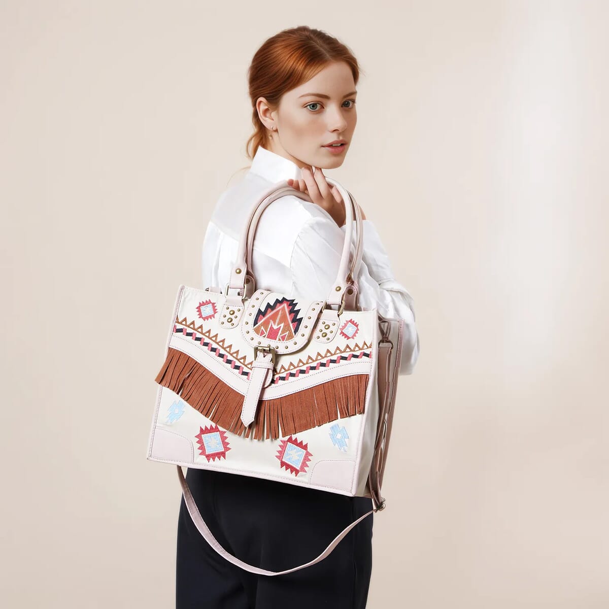 Santa Fe Collection Cream Geometric Pattern Genuine Leather Handbag with Fringes and Adjustable Shoulder Strap image number 2