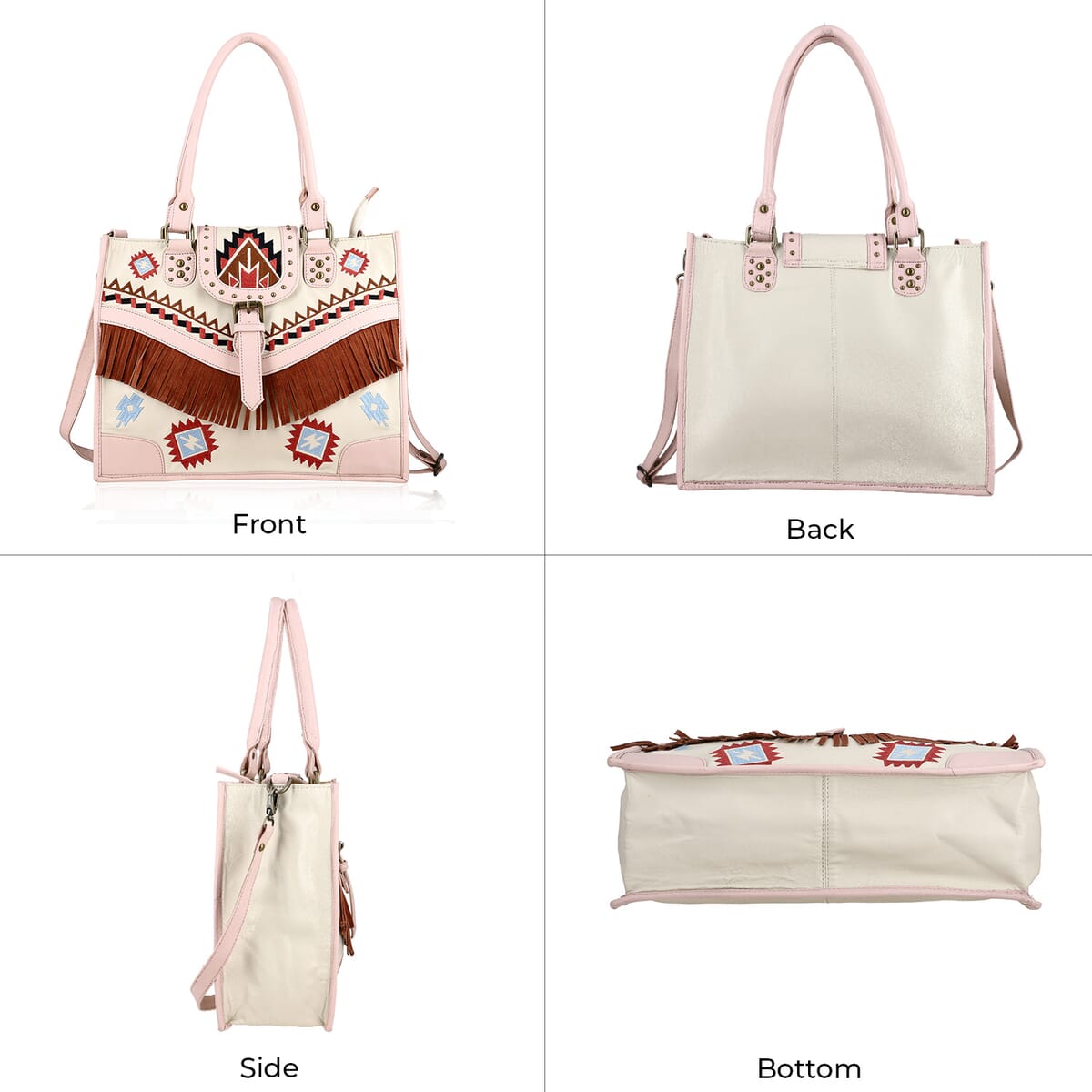 Santa Fe Collection Cream Geometric Pattern Genuine Leather Handbag with Fringes and Adjustable Shoulder Strap image number 4