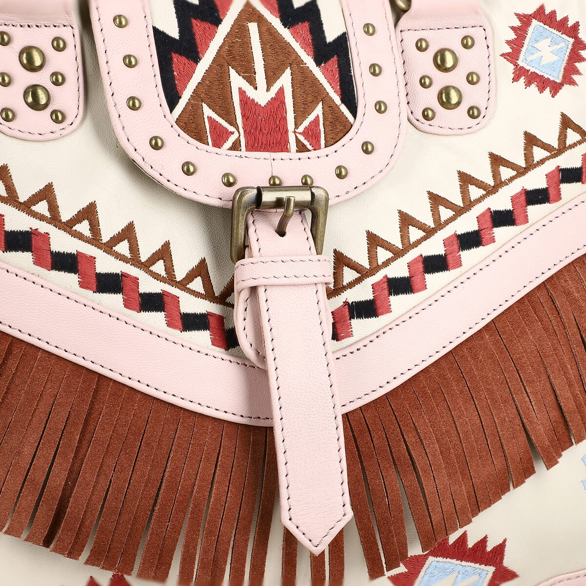 Santa Fe Collection Cream Geometric Pattern Genuine Leather Handbag with Fringes and Adjustable Shoulder Strap image number 5