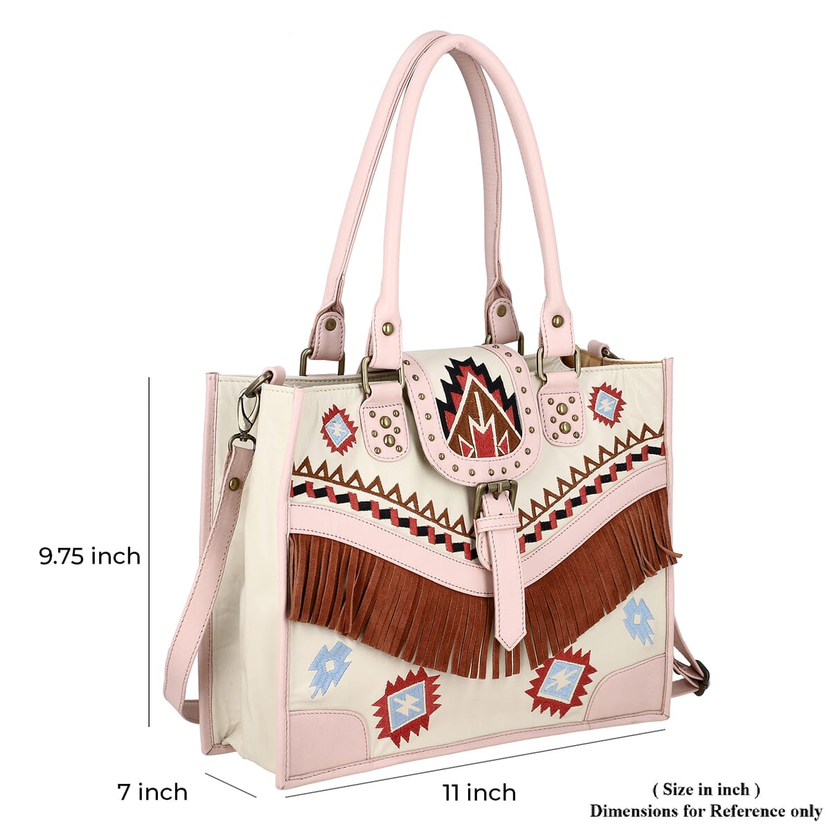 Santa Fe Collection Cream Geometric Pattern Genuine Leather Handbag with Fringes and Adjustable Shoulder Strap image number 7