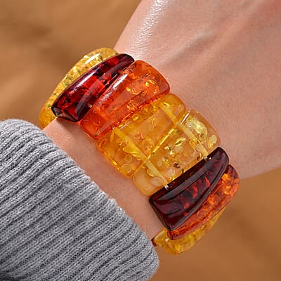 Simulated Multi Color Amber Block Stretch Bracelet 6.5-7 Inches