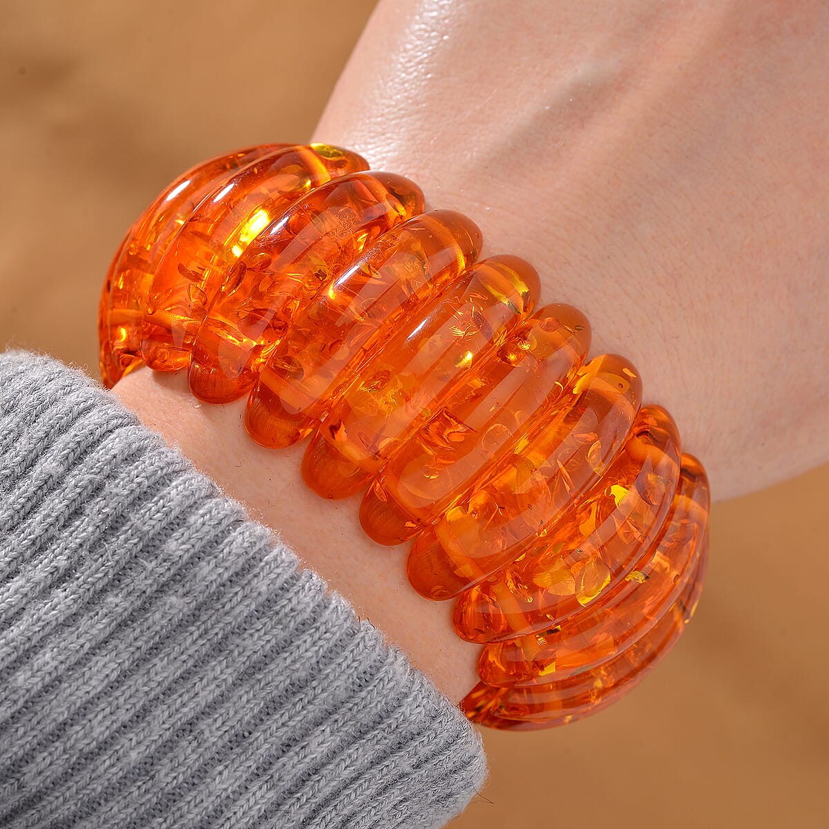 Simulated Amber Fancy Block Stretch Bracelet 6.5-7 Inches image number 1