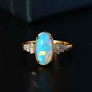 Ethiopian Welo Opal and White Diamond 2.61 ctw Ring in 18K Vermeil Yellow Gold Over Sterling Silver (Size 6.5)