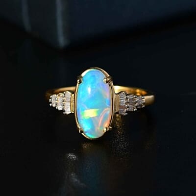 Ethiopian Welo Opal and White Diamond 2.61 ctw Ring in 18K Vermeil Yellow Gold Over Sterling Silver (Size 6.5)