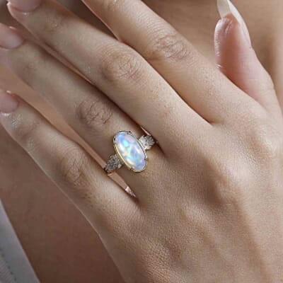 Ethiopian Welo Opal and White Diamond 2.61 ctw Ring in 18K Vermeil Yellow Gold Over Sterling Silver (Size 6.5)