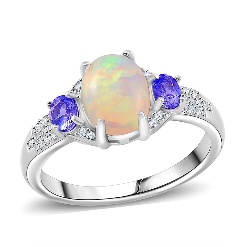 Ethiopian Welo Opal and Multi Gemstone 2.00 ctw Aurora Grove Ring in Rhodium Over Sterling Silver (Size 10.0)