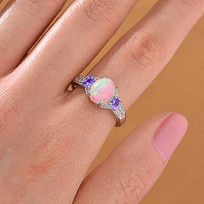 Ethiopian Welo Opal and Multi Gemstone 2.00 ctw Aurora Grove Ring in Rhodium Over Sterling Silver (Size 10.0)