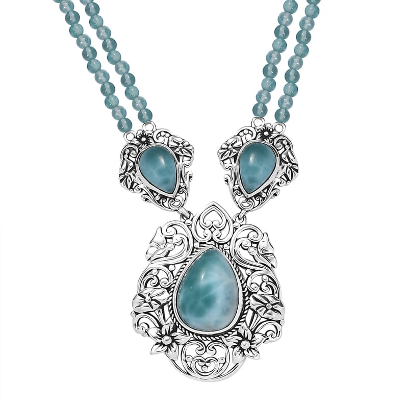 D'Joy Artisan Crafted Natural Green Larimar and Apatite Beaded 75.65 ctw Floral Necklace in Black Oxidized Sterling Silver 18 Inches