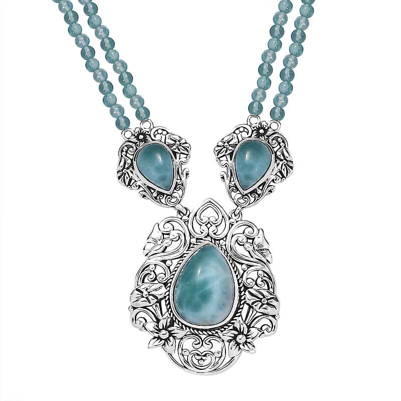 D'Joy Artisan Crafted Natural Green Larimar and Apatite Beaded 75.65 ctw Floral Necklace in Black Oxidized Sterling Silver 18 Inches